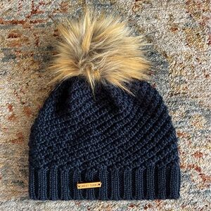 Sweet Turns Dark Blue Knit Beanie with Tan Faux Fur Pom